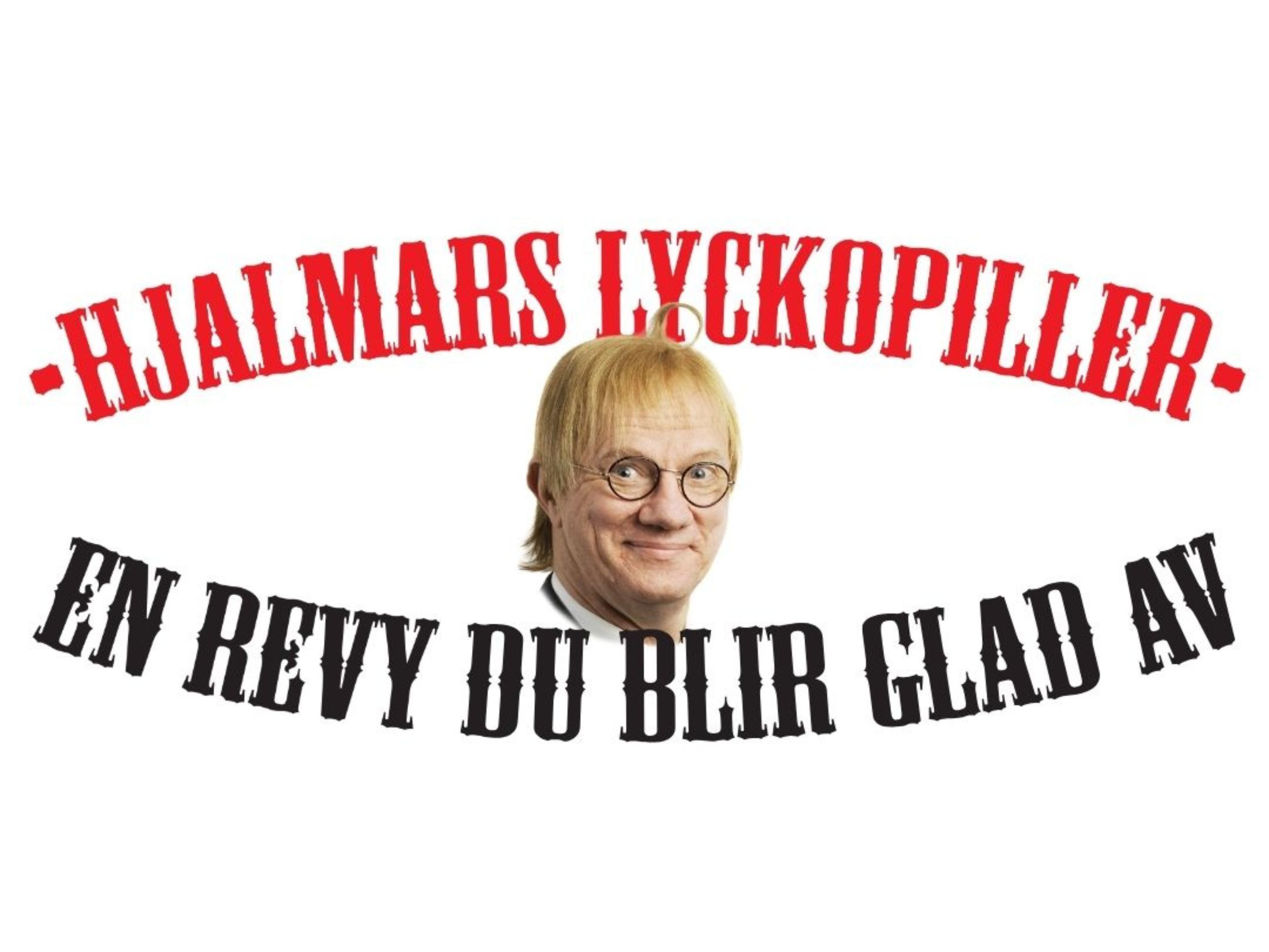 Logotyp för föreställningen Hjalmars Lyckopiller med Peter Flack i huvudrollen